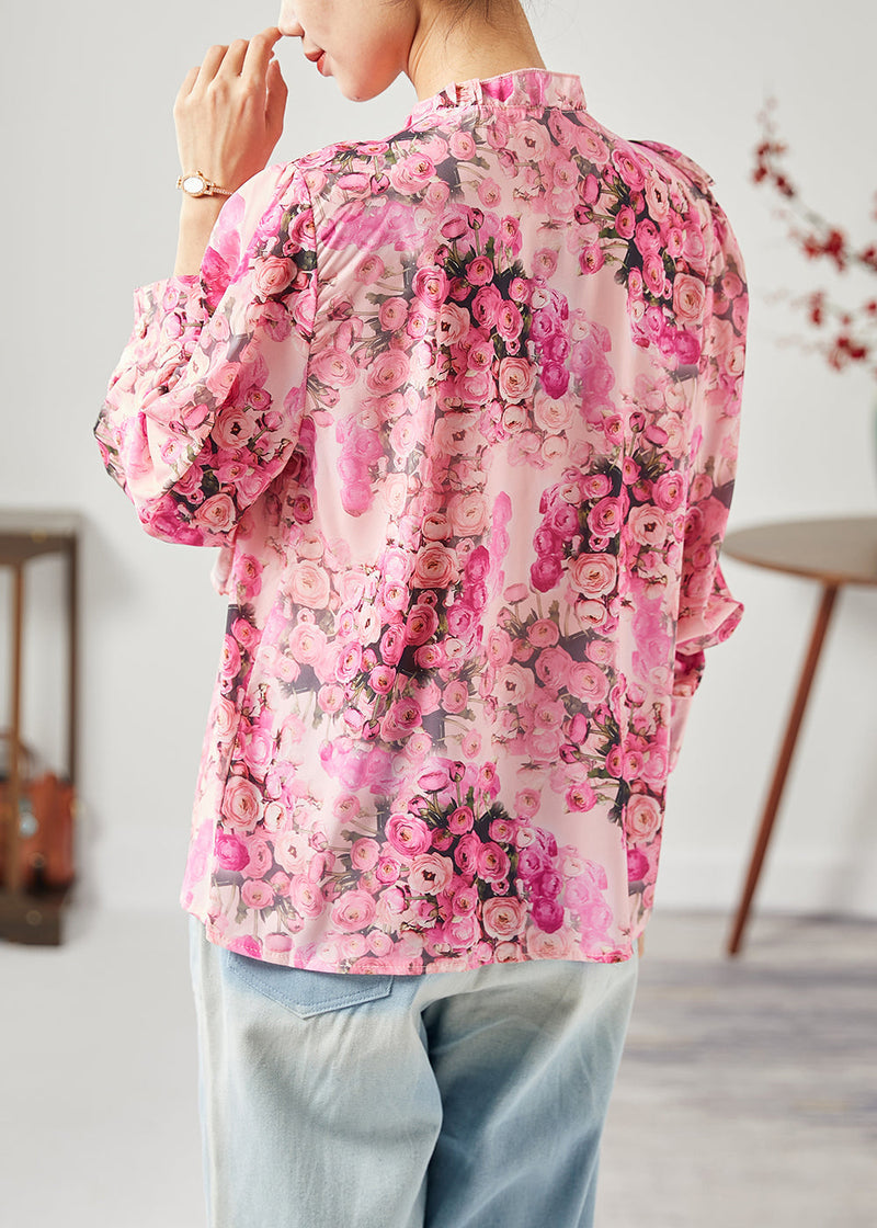Red Print Patchwork Ruffled Silk Shirt Tops Spring