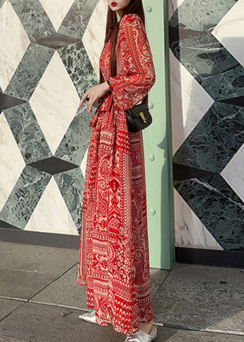 Red Print Tie Waist Vacation Long Dresses Spring