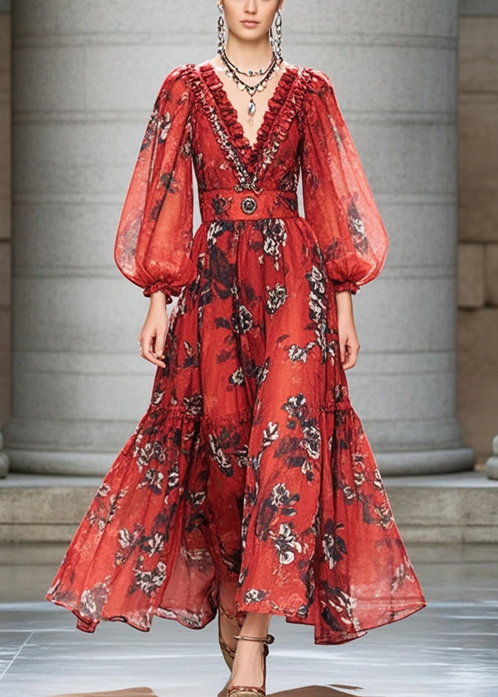 Red Ruffled Print Chiffon Cinched Dress Fall