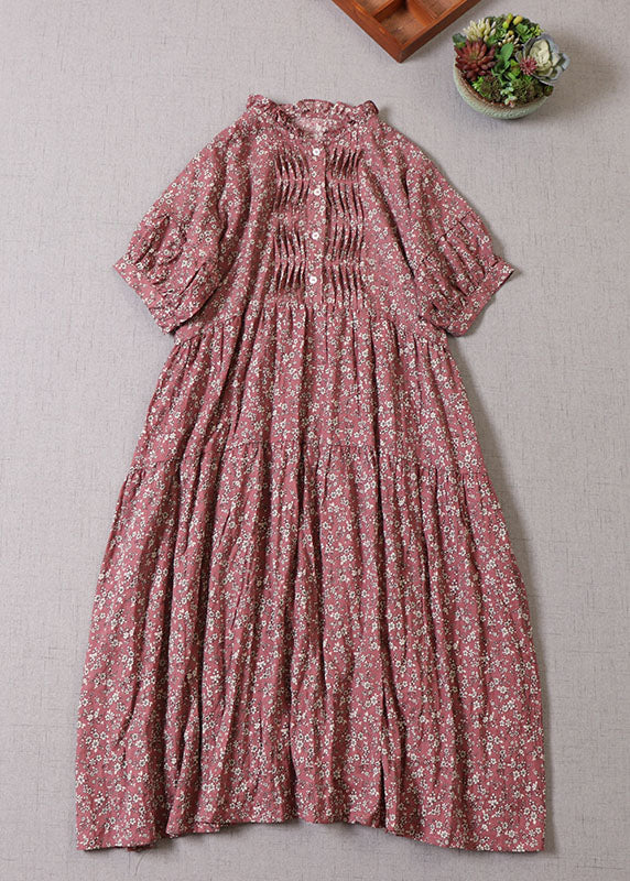Red Ruffled Print Long Dresses Half Sleeve