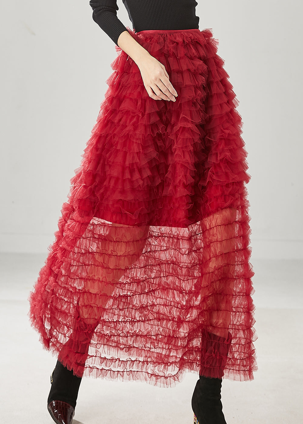 Red Ruffled Tulle Skirt Summer