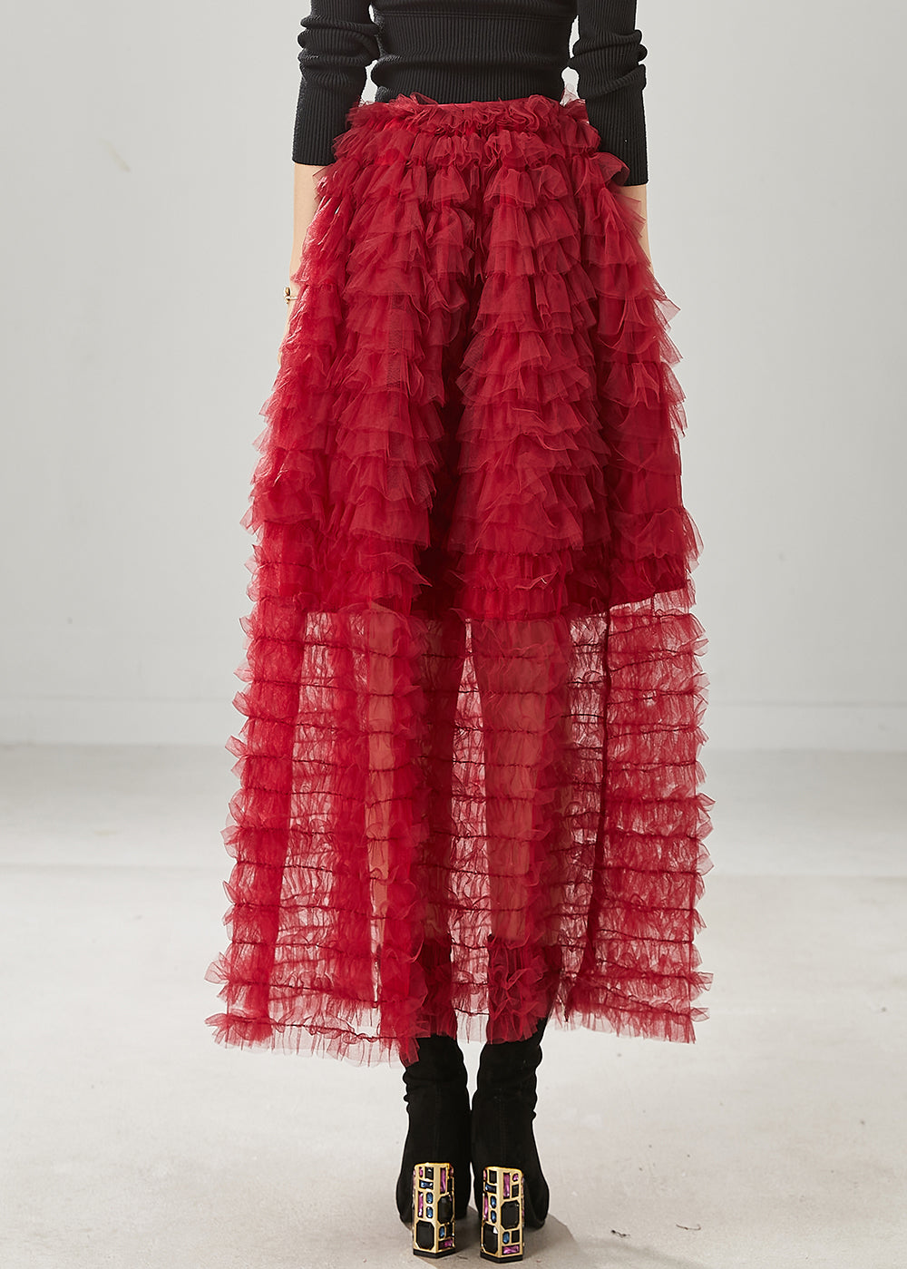 Red Ruffled Tulle Skirt Summer
