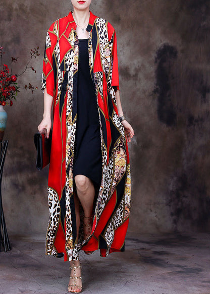 Red Stand Collar Leopard Print Chiffon Long Cardigans Summer