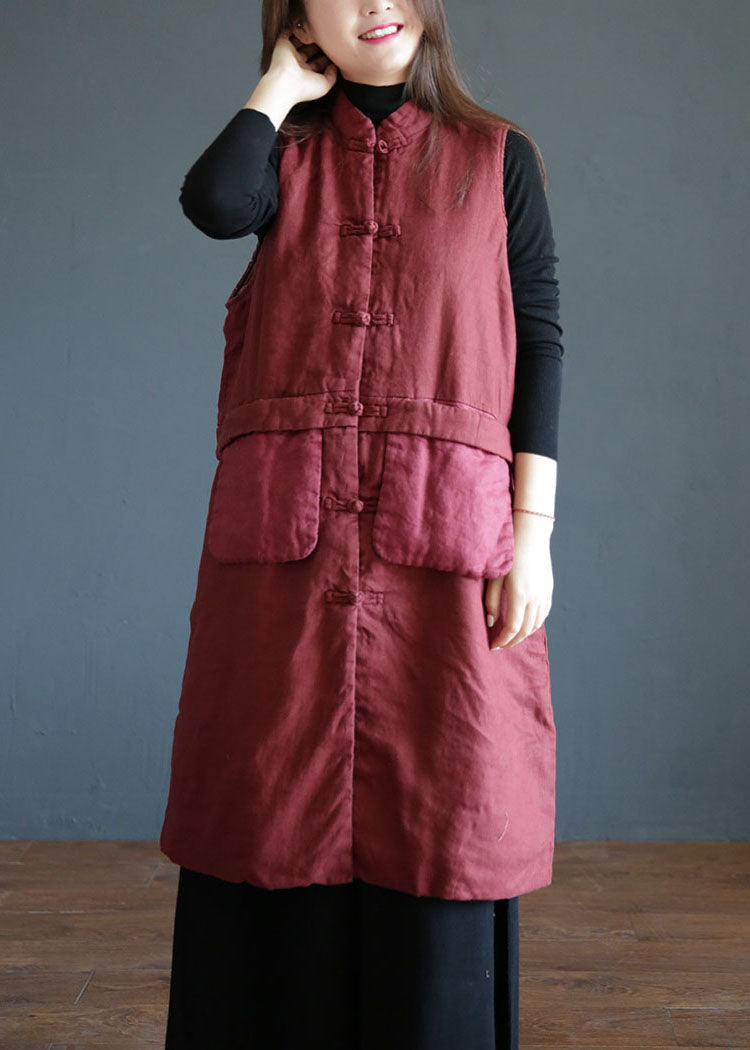Red Stand Collar Pockets Patchwork Fine Cotton Filled Vest Winter