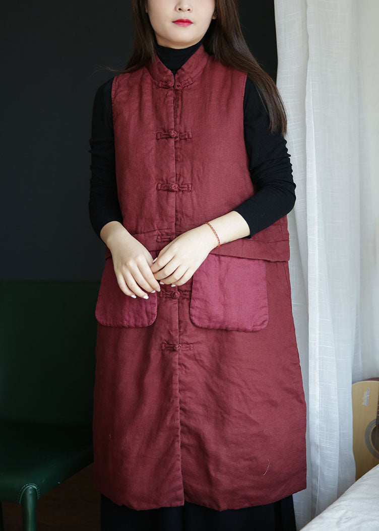 Red Stand Collar Pockets Patchwork Fine Cotton Filled Vest Winter