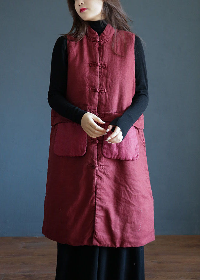 Red Stand Collar Pockets Patchwork Fine Cotton Filled Vest Winter