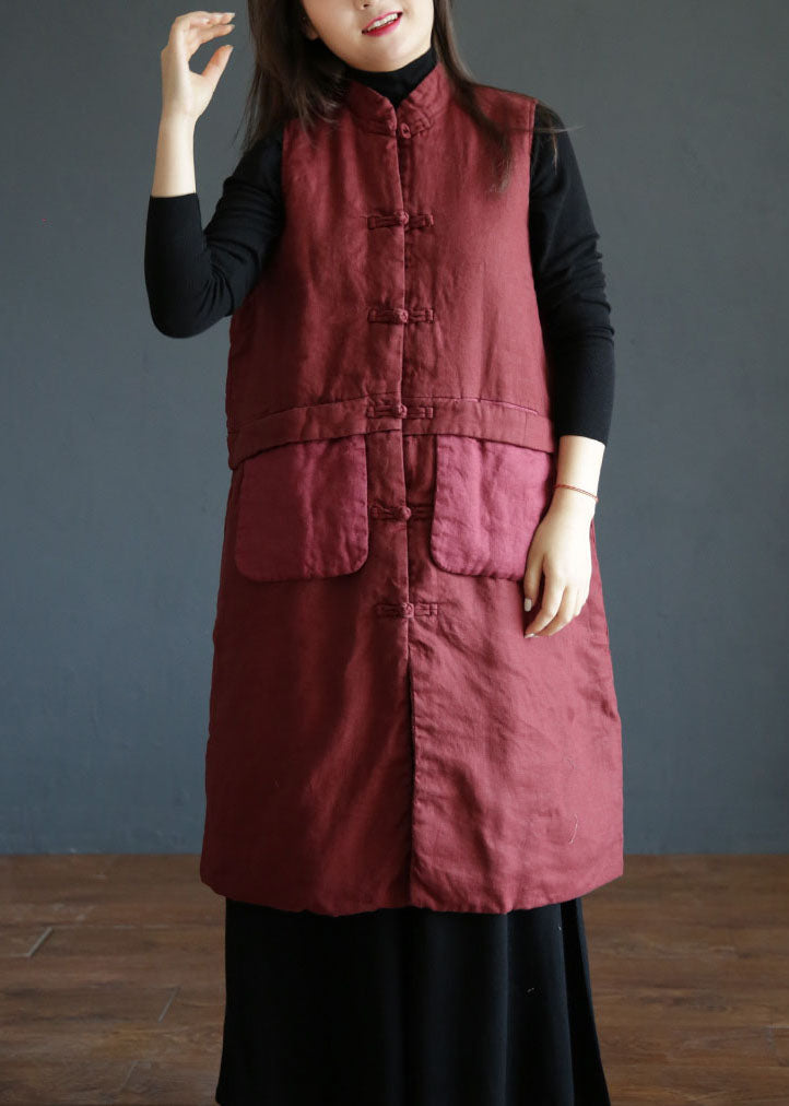 Red Stand Collar Pockets Patchwork Fine Cotton Filled Vest Winter