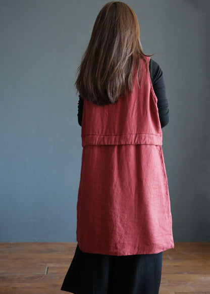 Red Stand Collar Pockets Patchwork Fine Cotton Filled Vest Winter