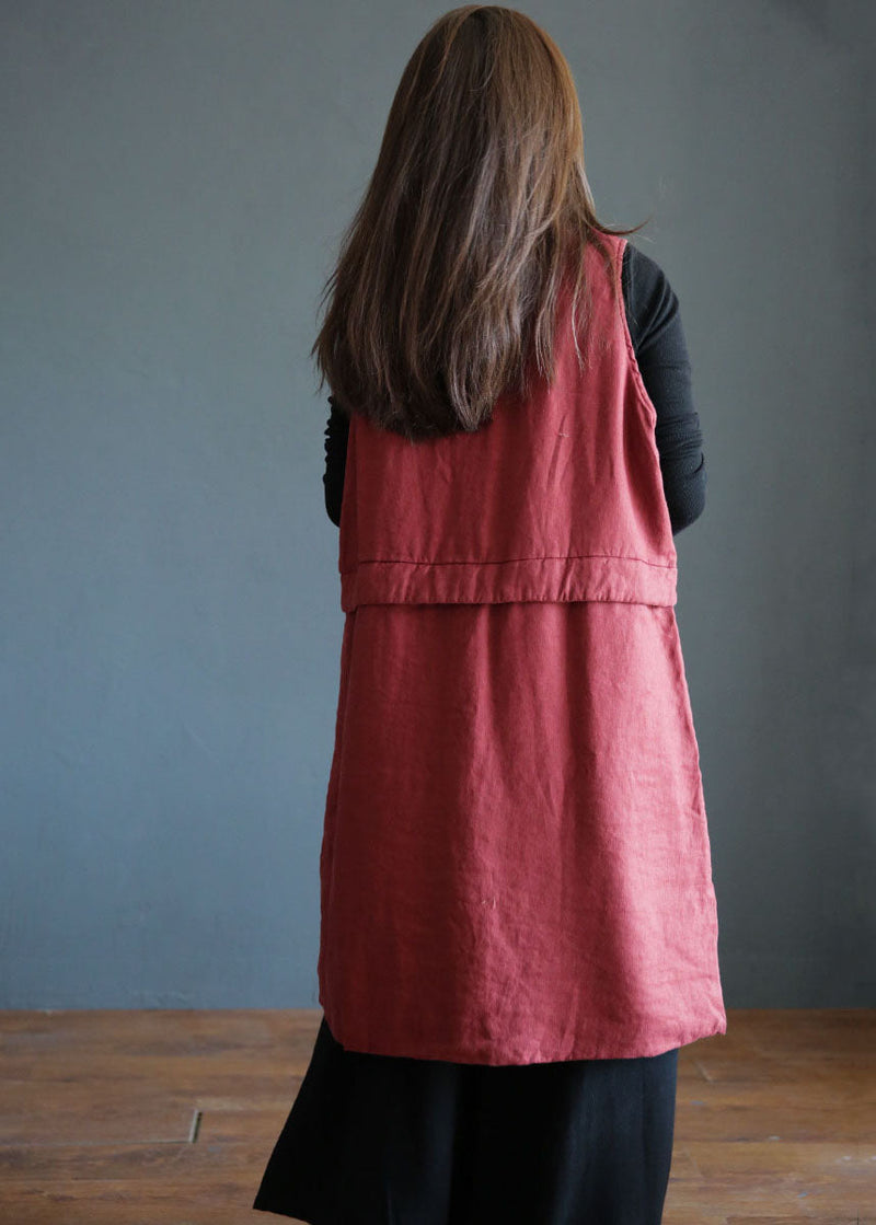 Red Stand Collar Pockets Patchwork Fine Cotton Filled Vest Winter