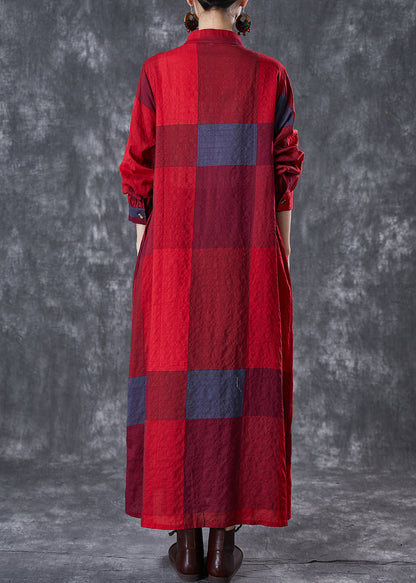 Red Stand Collar Print Linen Long Dresses Fall
