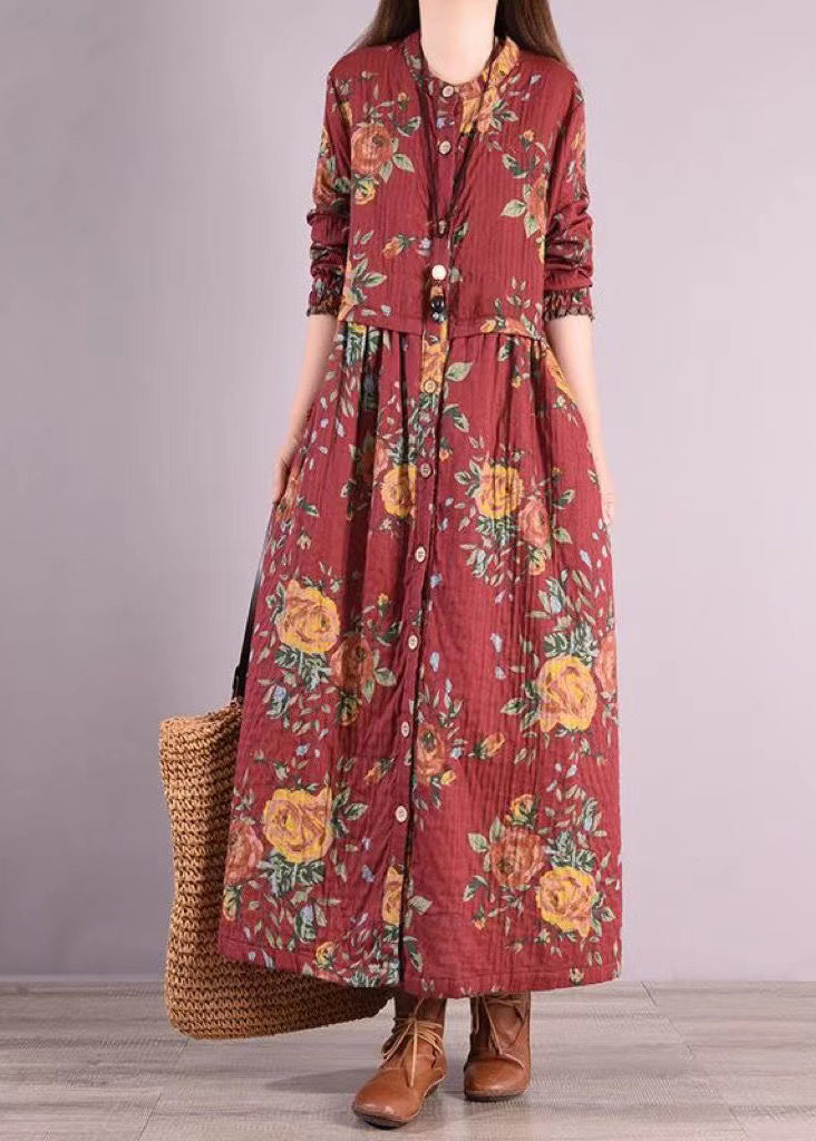 Red Stand Collar Print Patchwork Cotton Long Dresses Fall