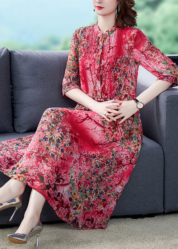 Red Stand Collar Print Wrinkled Chiffon Vacation Dresses Half Sleeve