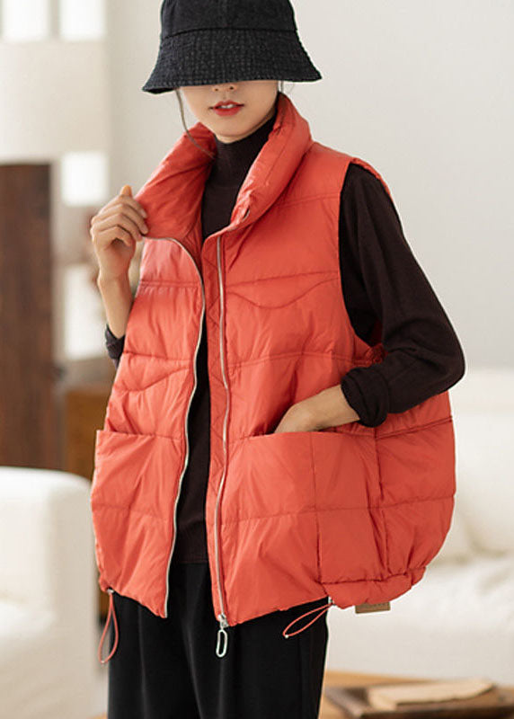 Red Stand Collar Zip Up Pockets Drawstring Duck Down Vest Winter