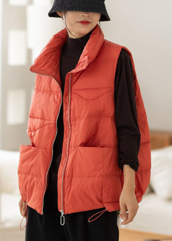 Red Stand Collar Zip Up Pockets Drawstring Duck Down Vest Winter