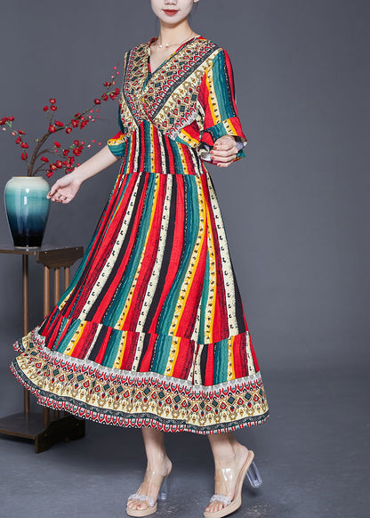 Red Striped Cotton Vacation Dresses Flare Sleeve