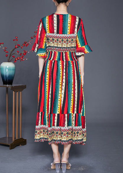 Red Striped Cotton Vacation Dresses Flare Sleeve