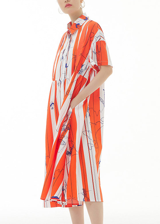 Red Striped Peter Pan Collar Print Cotton Maxi Shirt Dress Summer