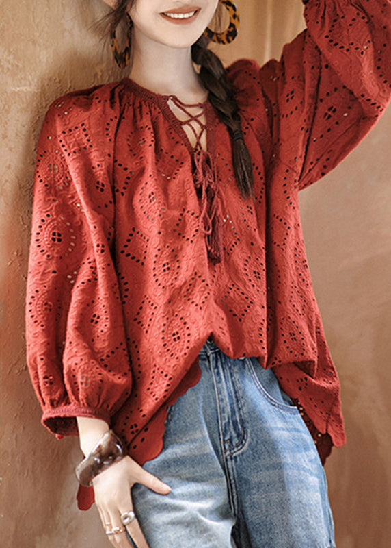 Red Tie Lace Hollow Out Tops Fall