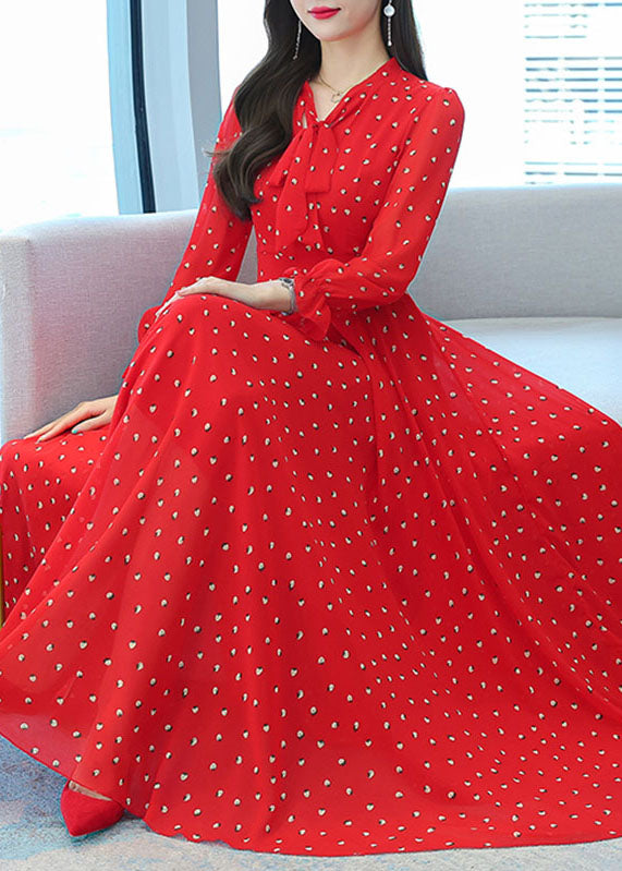 Red V Neck Bow Print Chiffon Maxi Dresses Lantern Sleeve