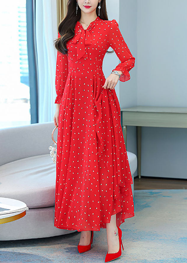 Red V Neck Bow Print Chiffon Maxi Dresses Lantern Sleeve