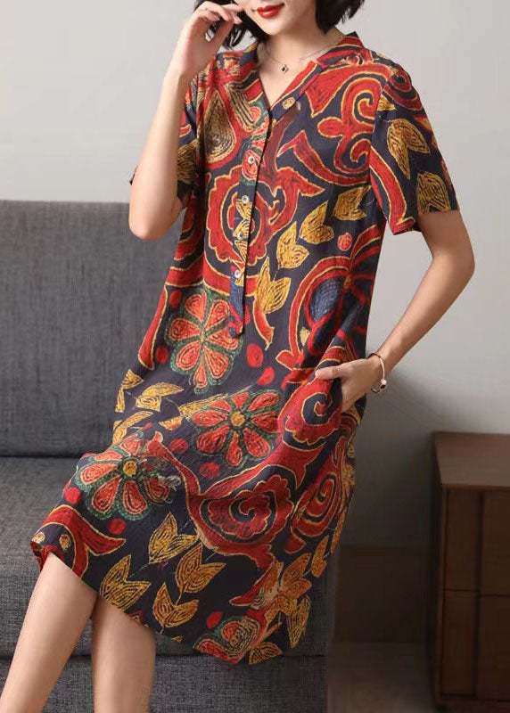 Red V Neck Button Print Patchwork Cotton Mid Dress Summer