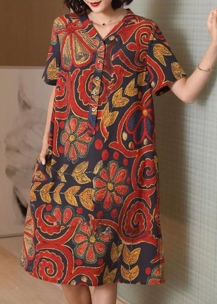 Red V Neck Button Print Patchwork Cotton Mid Dress Summer