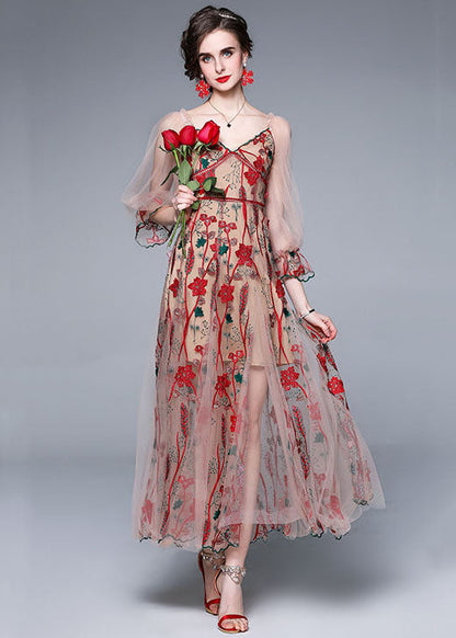 Red V Neck Embroideried Patchwork Tulle Dress Lantern Sleeve