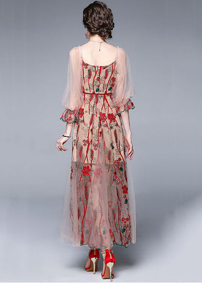 Red V Neck Embroideried Patchwork Tulle Dress Lantern Sleeve
