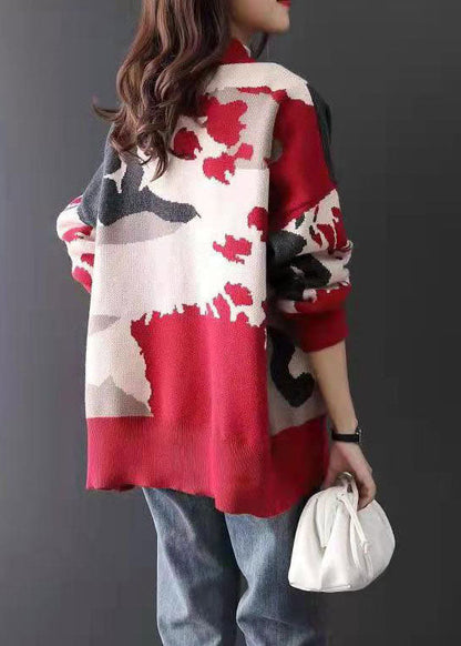 Red V Neck Jacquard Cozy Cashmere Cardigan Spring