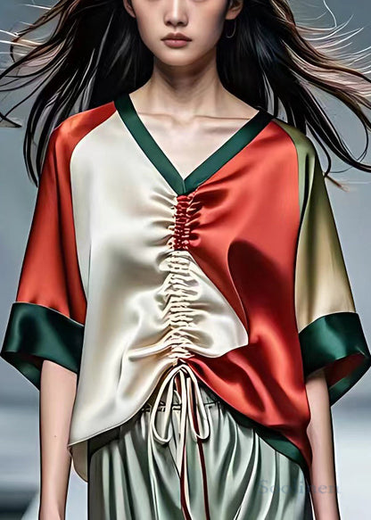 Red V Neck Lace Up Patchwork Silk Tops Half Sleeve