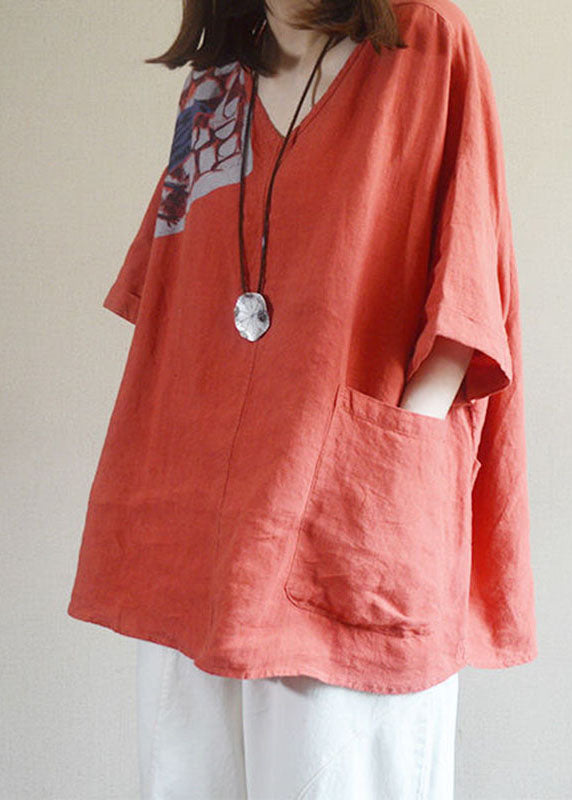 Red V Neck Loose Pockets Fall Shirt Tops Half Sleeve