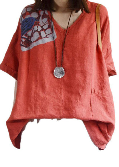 Red V Neck Loose Pockets Fall Shirt Tops Half Sleeve