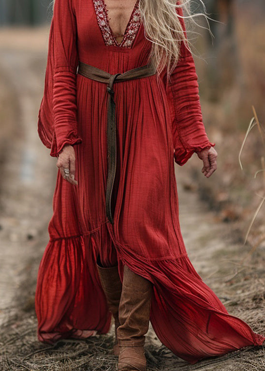 Red V Neck Patchwork Cotton Dress Long Sleeve
