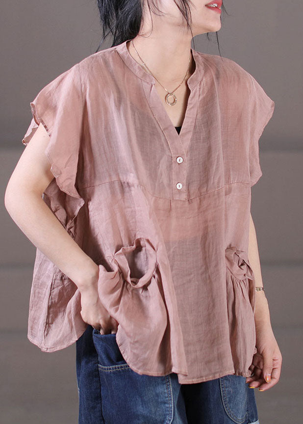 Red V Neck Patchwork Cotton Linen Tank Tops Short Sleeve