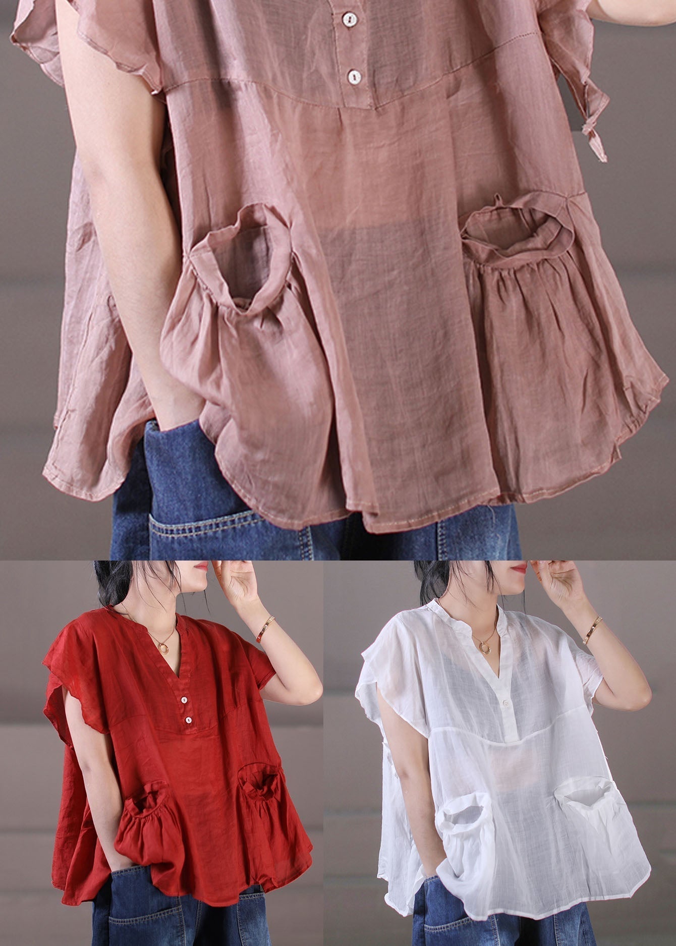 Red V Neck Patchwork Cotton Linen Tank Tops Short Sleeve
