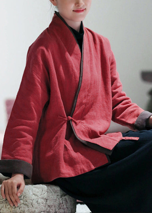 Red V Neck Patchwork Fine Cotton Filled Coats Winter