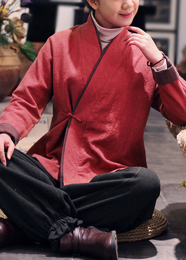 Red V Neck Patchwork Fine Cotton Filled Coats Winter