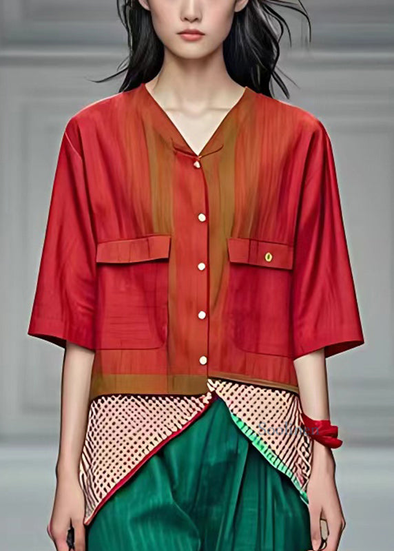 Red V Neck Pockets Coats Fall