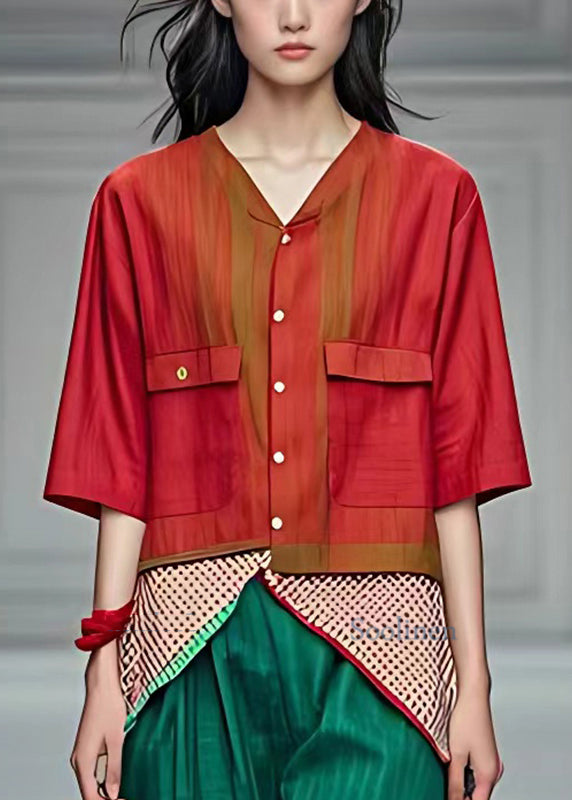 Red V Neck Pockets Coats Fall