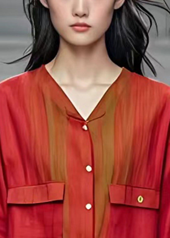 Red V Neck Pockets Coats Fall
