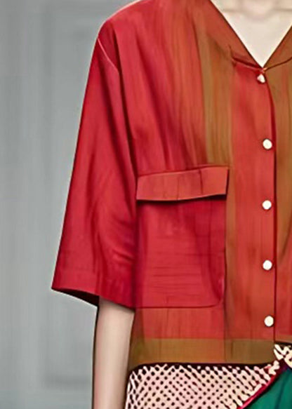 Red V Neck Pockets Coats Fall