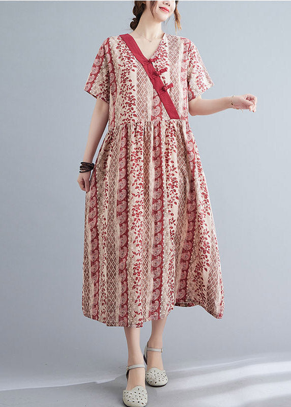 Red V Neck Print Button Long Dress Short Sleeve