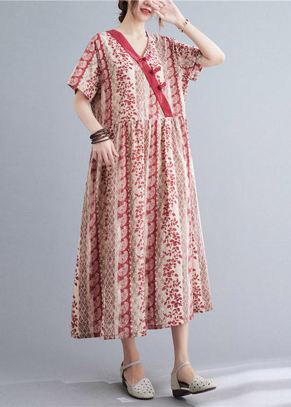 Red V Neck Print Button Long Dress Short Sleeve