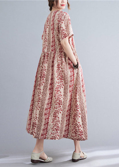 Red V Neck Print Button Long Dress Short Sleeve