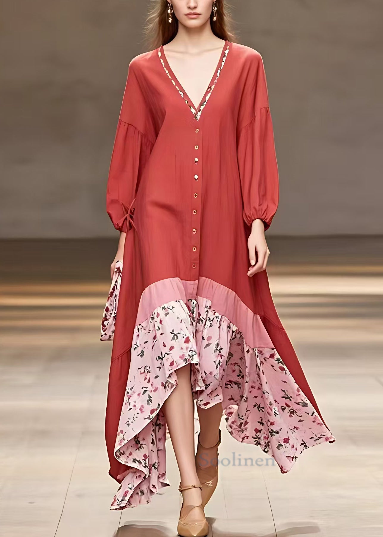 Red V Neck Print Patchwork Cotton Long Dresses Long Sleeve