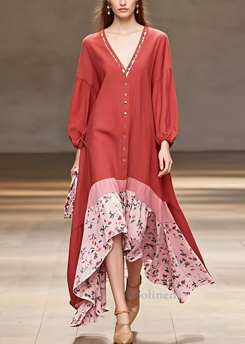 Red V Neck Print Patchwork Cotton Long Dresses Long Sleeve