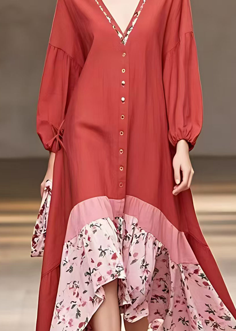Red V Neck Print Patchwork Cotton Long Dresses Long Sleeve