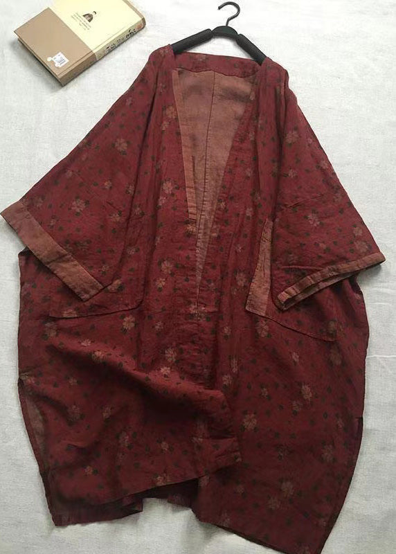 Red V Neck Print Pockets Linen Cardigans Spring