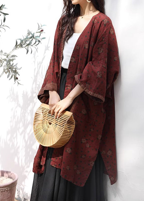 Red V Neck Print Pockets Linen Cardigans Spring