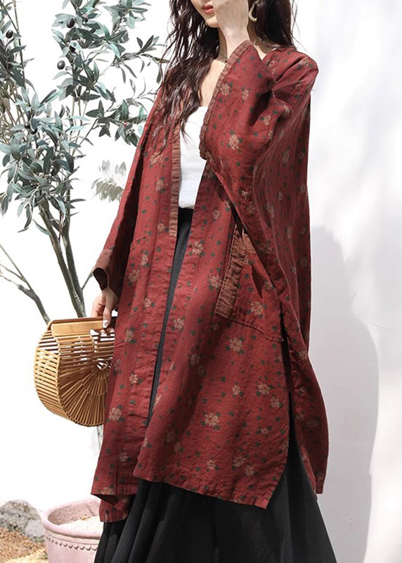 Red V Neck Print Pockets Linen Cardigans Spring